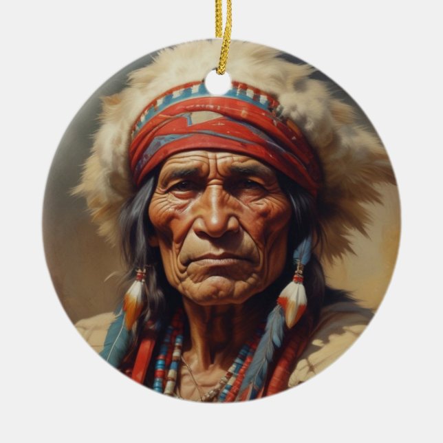 Geronimo Indian Chief Warrior Porträtt Julgransprydnad Keramik (Framsidan)