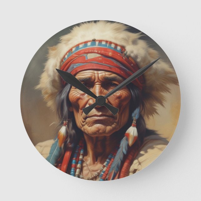 Geronimo Indian Chief Warrior Porträtt Rund Klocka (Framsida)