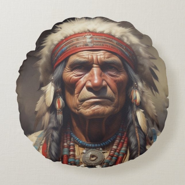 Geronimo Indian Chief Warrior Porträtt Rund Kudde (Framsidan)