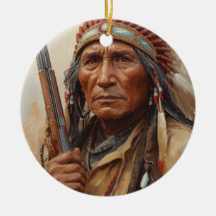 Geronimo Indiansk Höuptling Krigare Porträtt Julgransprydnad Keramik