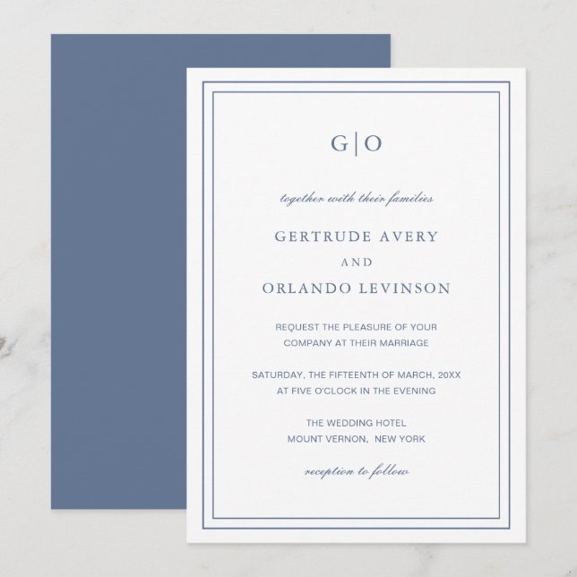 Gertrude Dusty Blue Classic Elegant bröllop Inbjudningar (Fram/baksida)