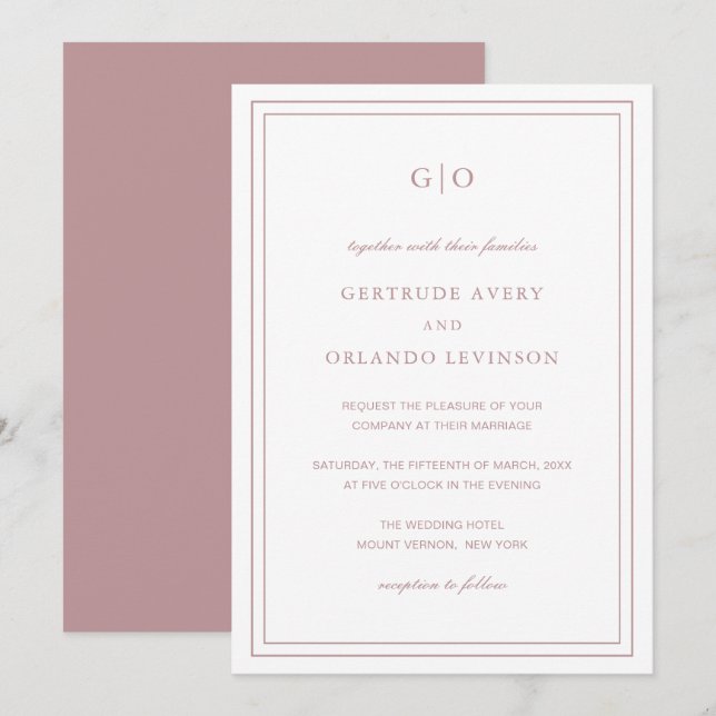 Gertrude Dusty Ro Classic Elegant bröllop Inbjudningar (Fram/baksida)