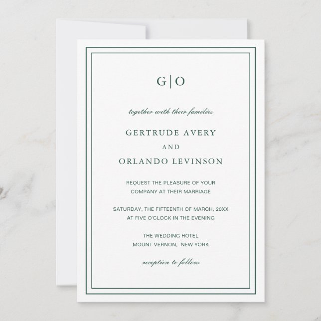 Gertude Emerald Grönt Classic Elegant bröllop Inbjudningar (Framsida)