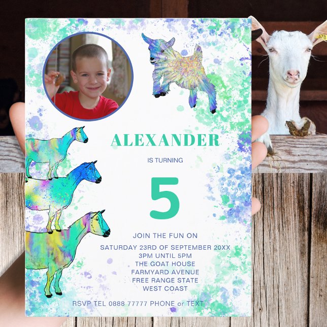 Get Farm Djur Konst 5-års Födelsedags Foto Budget Inbjudan Vykort (Cute goats farm animal 5th birthday party budget invitation photo template colorful watercolor art)