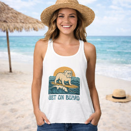 Get On Board Surfer Dog Retro Bulldog Surf Graphic Linne Med Racerback