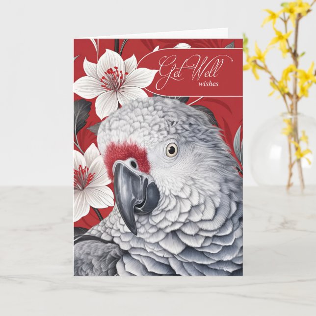 Get Well African Grey Parrot Red and White Lilies Kort (Gul blomma)