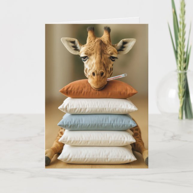 Get Well Soon Sick Giraffe On Bed Pillows Kort (Framsida)