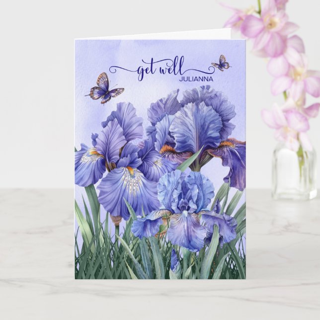 Get Well with a Purple Iris Garden and Butterflies Kort (Orkide)