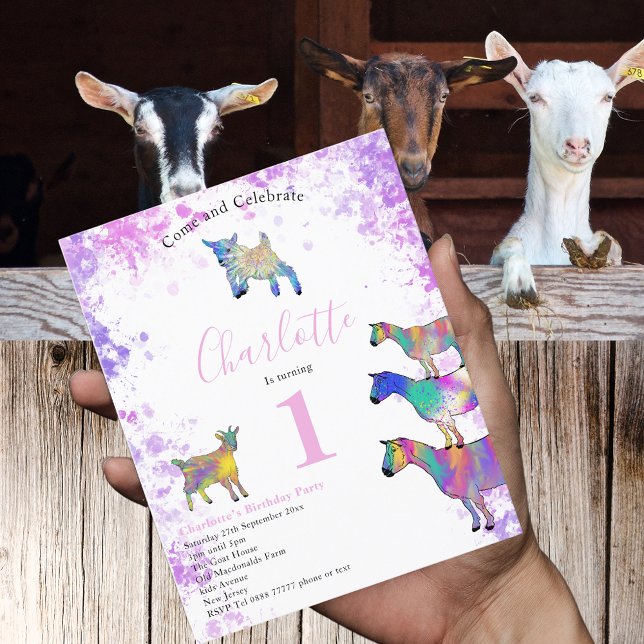 Getdjur Farmdjur 1-års födelsedagsfest Budget (Cute goats colorful farm animal watercolor art 1st birthday party pink budget invitation )