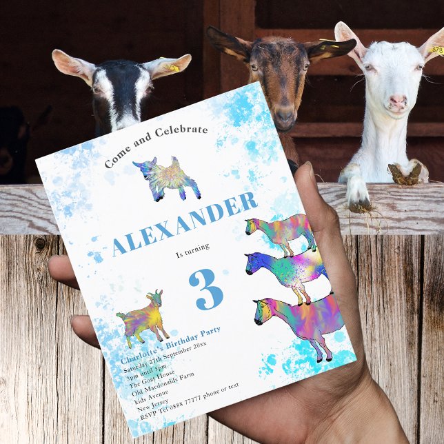 Getfärs Djur 3-års Födelsedagsfest Blå Budget (Cute goats colorful farm animal watercolor art 3rd birthday party blue budget invitation )