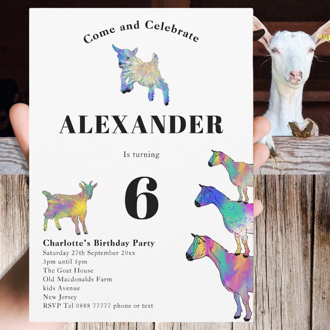 Geting tema 6-års födelsedagsfest inbjudningar (Cute goats colorful watercolor farm animal art 6th birthday party invitation)