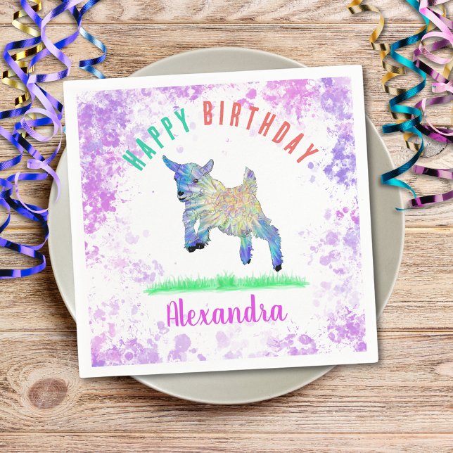 Geting tema födelsedagsfest Färgrik gårdsdjur  Pappersservett (Cute goat themed birthday party custom napkin colorful farm animal watercolor art)