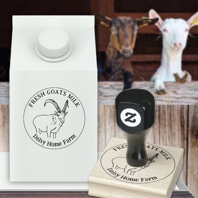 Getingmjölk Mejeriverksamhet Namn Svart och Vitt Stämpel (Goats milk custom ink rubber stamp with simple goat line drawing and business name)