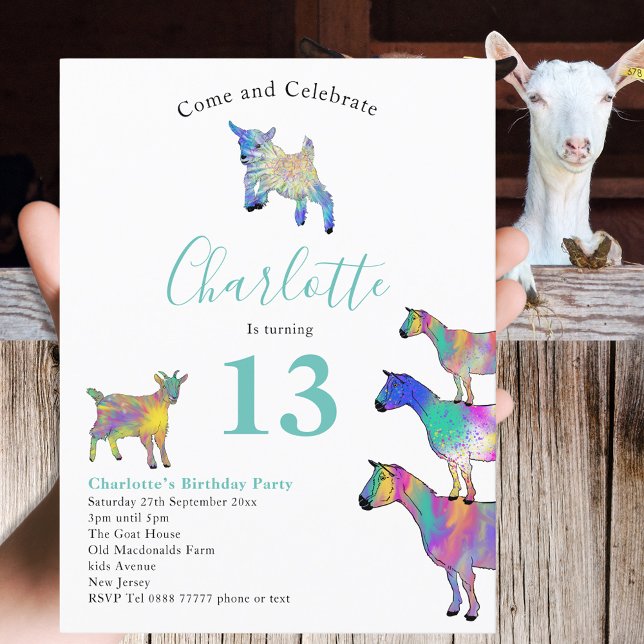 Getingtematiserad 13-årsfest inbjudan vykort (Cute farm goat themed 13th birthday party invitation with colorful watercolor animal art)