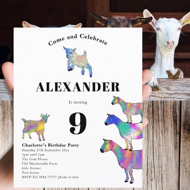 Getingtematiserad rolig födelsedagsfest (Cute goats colorful farm animal art 9th birthday party budget invitation )