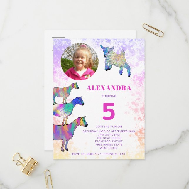 Getter färglösa 5:e födelsedag FotoRosa Inbjudan Vykort (Fram/Back In Situ)