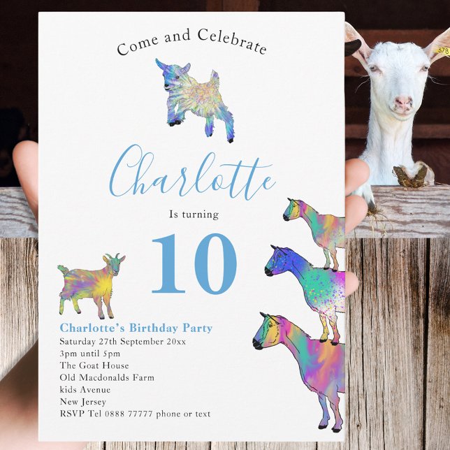 Getter Farm Animal 10:e Födelsedagsfesten Blue Inbjudningar (Cute goats colorful farm animal art watercolor 10th birthday party invitation )