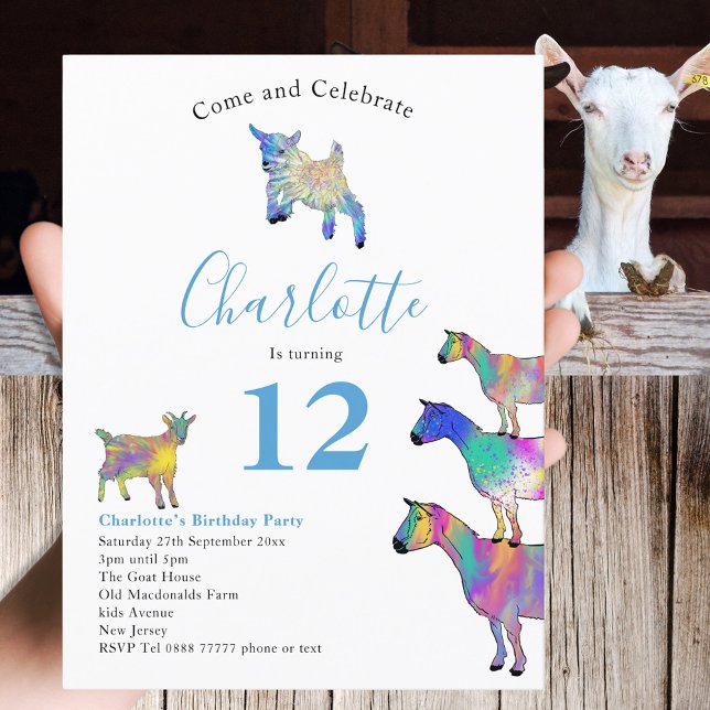 Getter Farm Animal 12:e Födelsedagsfest Blue Inbjudan Vykort (Cute goats colorful farm animal watercolor art 12th birthday party budget invitation )