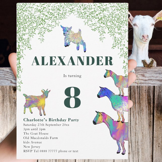 Getter Farm Animal 8:e Födelsedagsfesten Inbjudningar (Goats cute farm animal 8th birthday party invitation fun Colorful watercolor goat art)