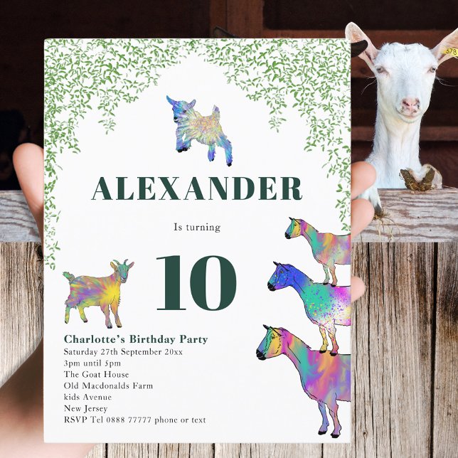 Getter, Födelsedagsfest Inbjudan Vykort (Goat themed 10th birthday party invitation colorful farm animal watercolor art)