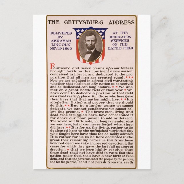 Gettysburg Adress av Abraham Lincoln 1863 Vykort (Framsida)