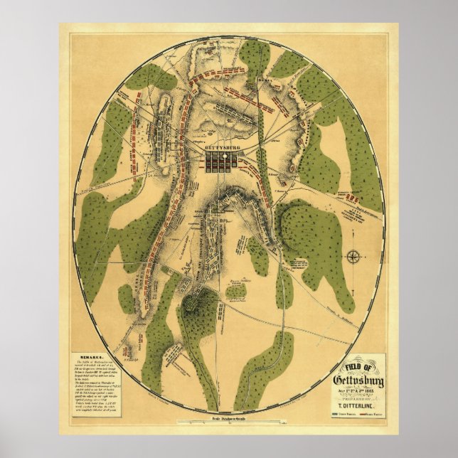 Gettysburg Battle Karta 1863 - Civil Krig Poster (Framsidan)