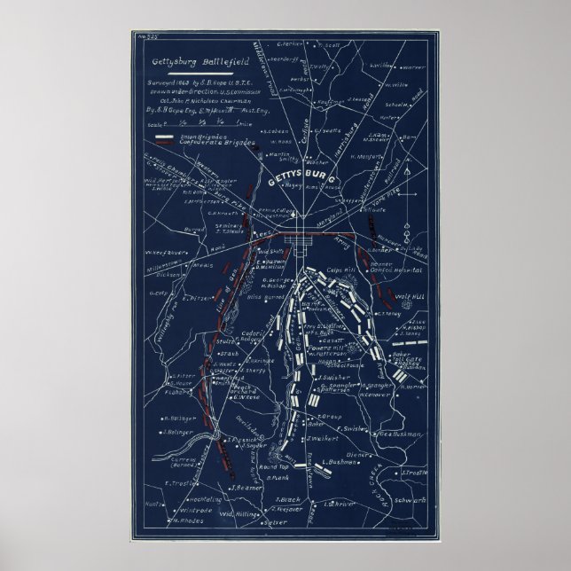 Gettysburg Battlefield Civil Krig Karta (1863) Poster (Framsidan)