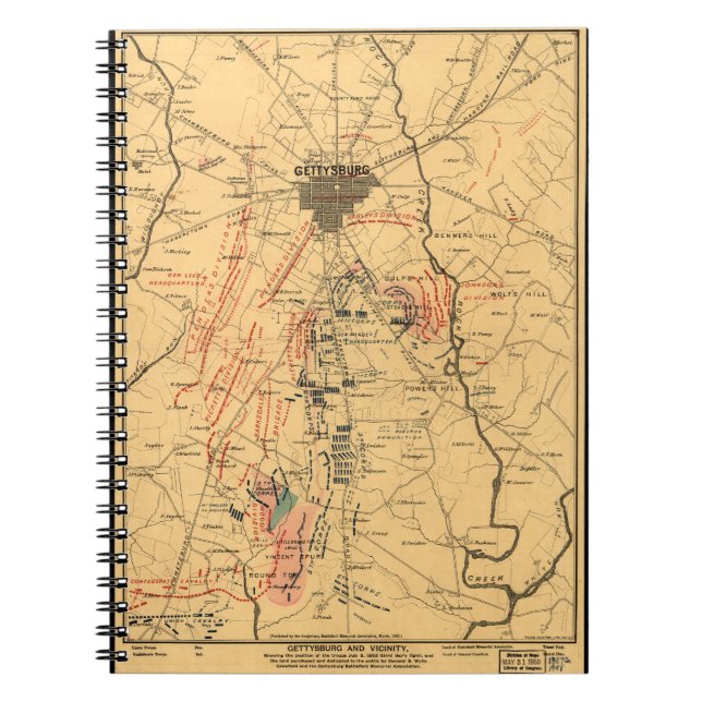 Gettysburg & Vicinitysoldaten placerar Juli 3 1863 Anteckningsbok (Framsidan)
