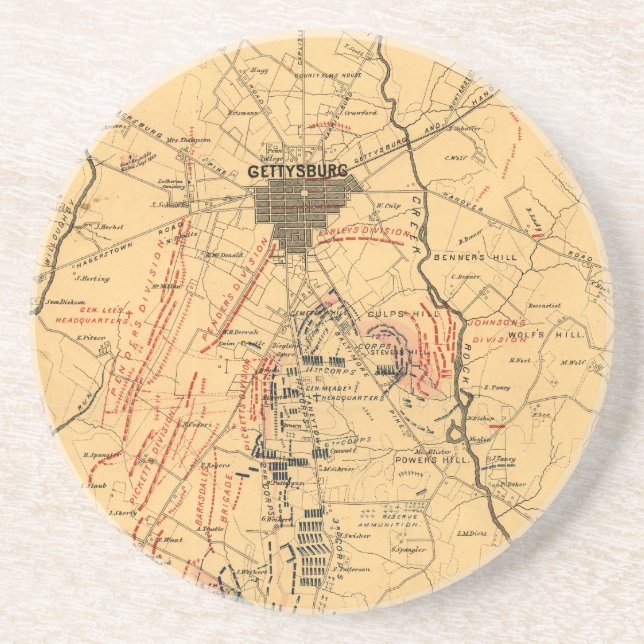 Gettysburg & Vicinitysoldaten placerar Juli 3 1863 Underlägg Sandsten (Framsidan)