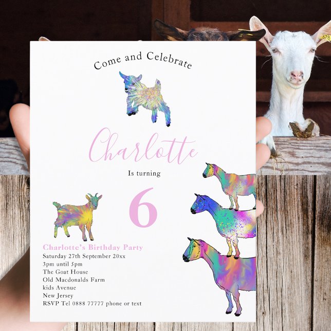 Getvattens färg för barnkalas Rosa (Cute goats farm animal themed 6th birthday party budget invitation watercolor colorful animal art)
