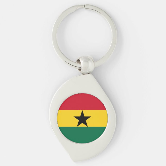 Ghana Flagga Swirl Silverfärgad Nyckelring (Framsidan)