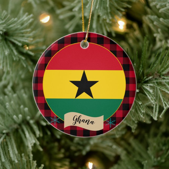 Ghana, Red buffalo plaid & Ghanaian Flagga Julgransprydnad Keramik (Träd)