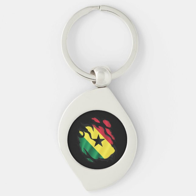 Ghana Ripping Flagga Swirl Silverfärgad Nyckelring (Framsidan)