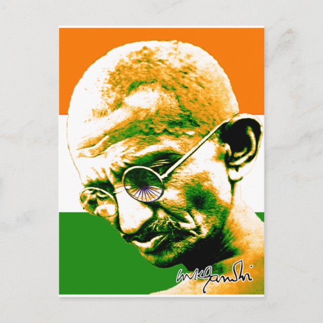 Ghandi i grönt av orange och vitt med flagga vykort (Framsida)