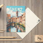 Ghent Belgien Resa Konst Vintage Vykort<br><div class="desc">Ghent retro vektordesign för resor. Ghent är välkänt för sina stora offentliga torg och marknadsplatser,  där Vrijdagmarkt (“Fredagsmarknad”) är den mest framträdande,  livets centrum i den medeltida staden.</div>