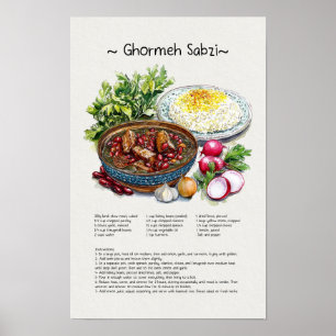 Ghormeh Sabzi Watercolor Illustration, Persian Art Poster