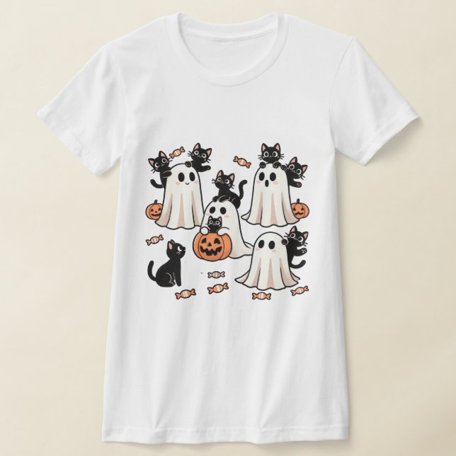 "Ghost and Black Cat Assion - Spooky Cute Hallo T Shirt (Laydown)