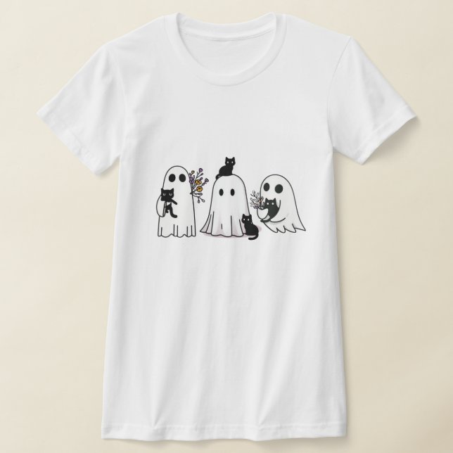 "Ghost and Black Cat Assion - Spooky Cute Hallo T Shirt (Laydown)