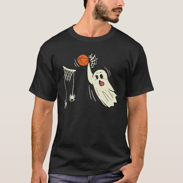 Ghost Basketball Dunk Spindelnät Ring Halloween T Shirt (Framsida)