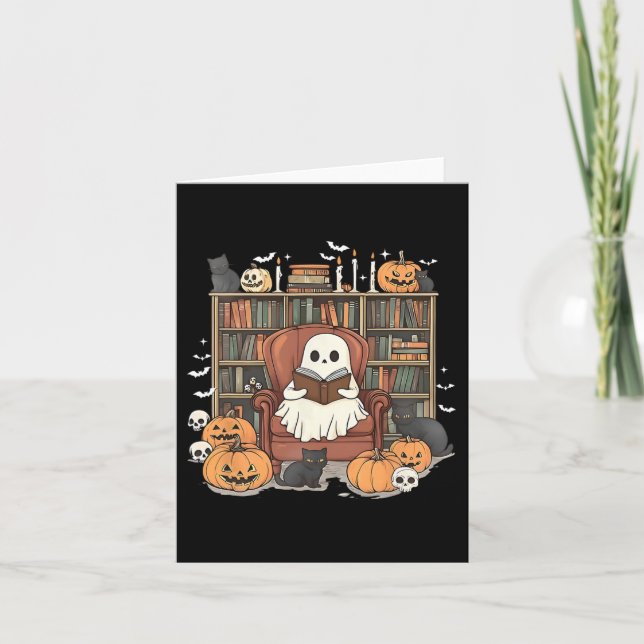 Ghost Bibliotek Halloween Bok Reading Bokar Älskar Kort (Framsida)