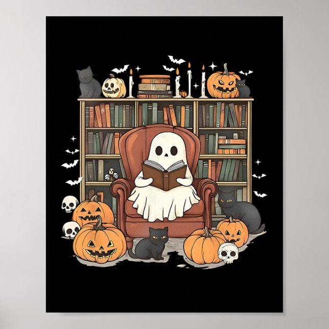 Ghost Bibliotek Halloween Bok Reading Bokar Älskar Poster (Framsidan)