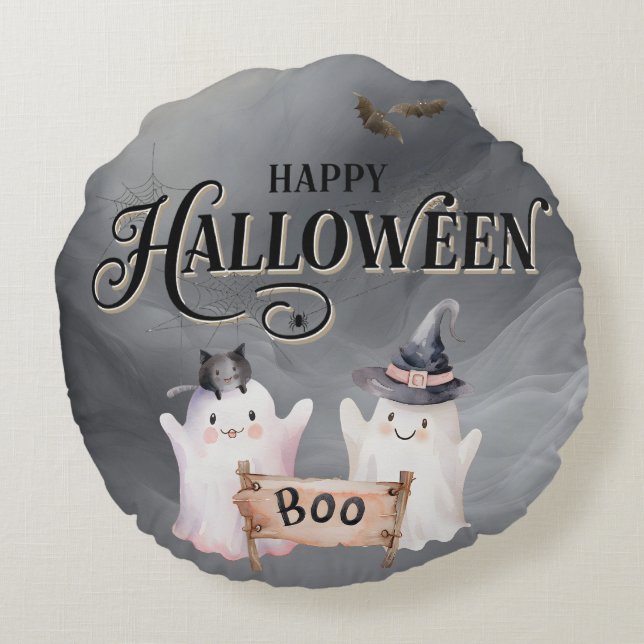 Ghost Black BOO Halloween Round Dekorativ kudde (Baksidan)