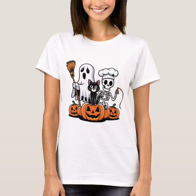 Ghost, Black Cat, Skeleton Trio Halloween T-Shirt (Framsida)
