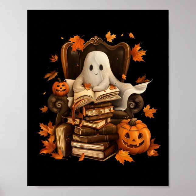 Ghost Bok Reading Pumpkin Gothic Halloween Teache Poster (Framsidan)