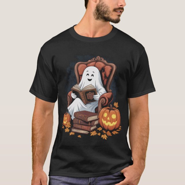 Ghost Bok Reading Pumpkin Halloween-lärare T Shirt (Framsida)