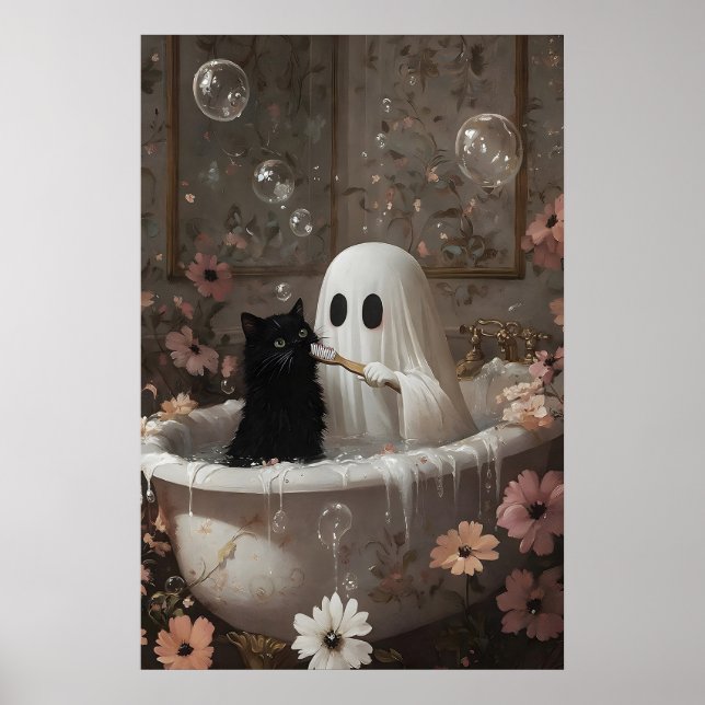 Ghost Brushing Black Cat's Teeth Bathtub Print Poster (Framsidan)