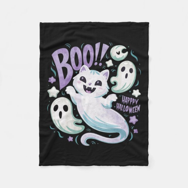 Ghost Cat Boo Kattunge Halloween Fleecefilt (Framsidan)