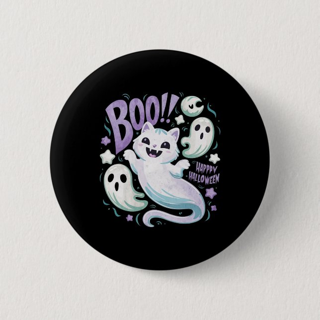 Ghost Cat Boo Kattunge Halloween Knapp (Framsida)