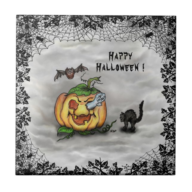Ghost, Cat, Fladdermus och Pumpkin, Happy hallowee Kakelplatta (Framsidan)