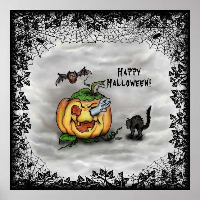 Ghost, Cat, Fladdermus och Pumpkin, Happy hallowee Poster (Framsidan)